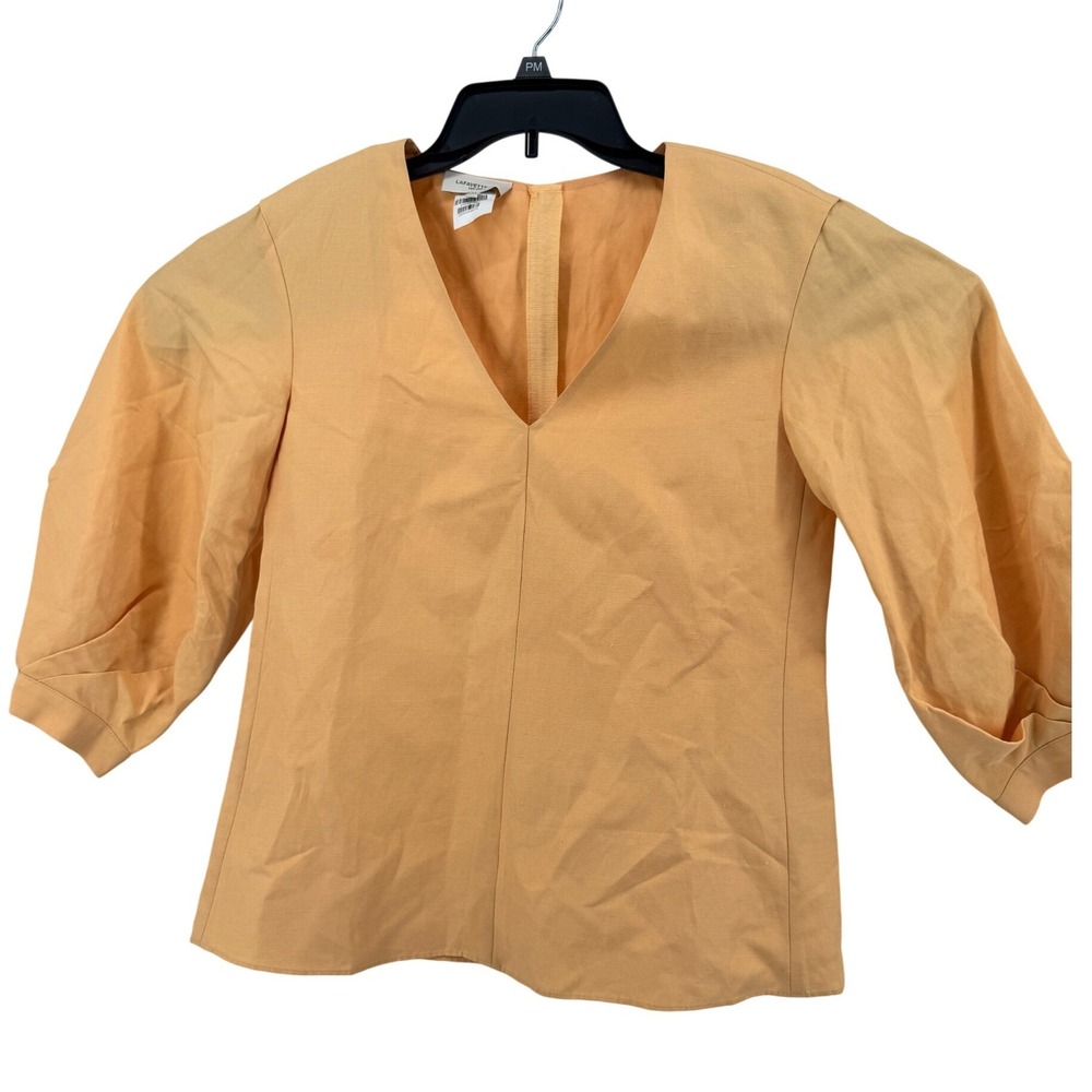 Lafayette 148 New York Blouse Womens XS Apricot V-Neck Puff Sleeve Minimalist